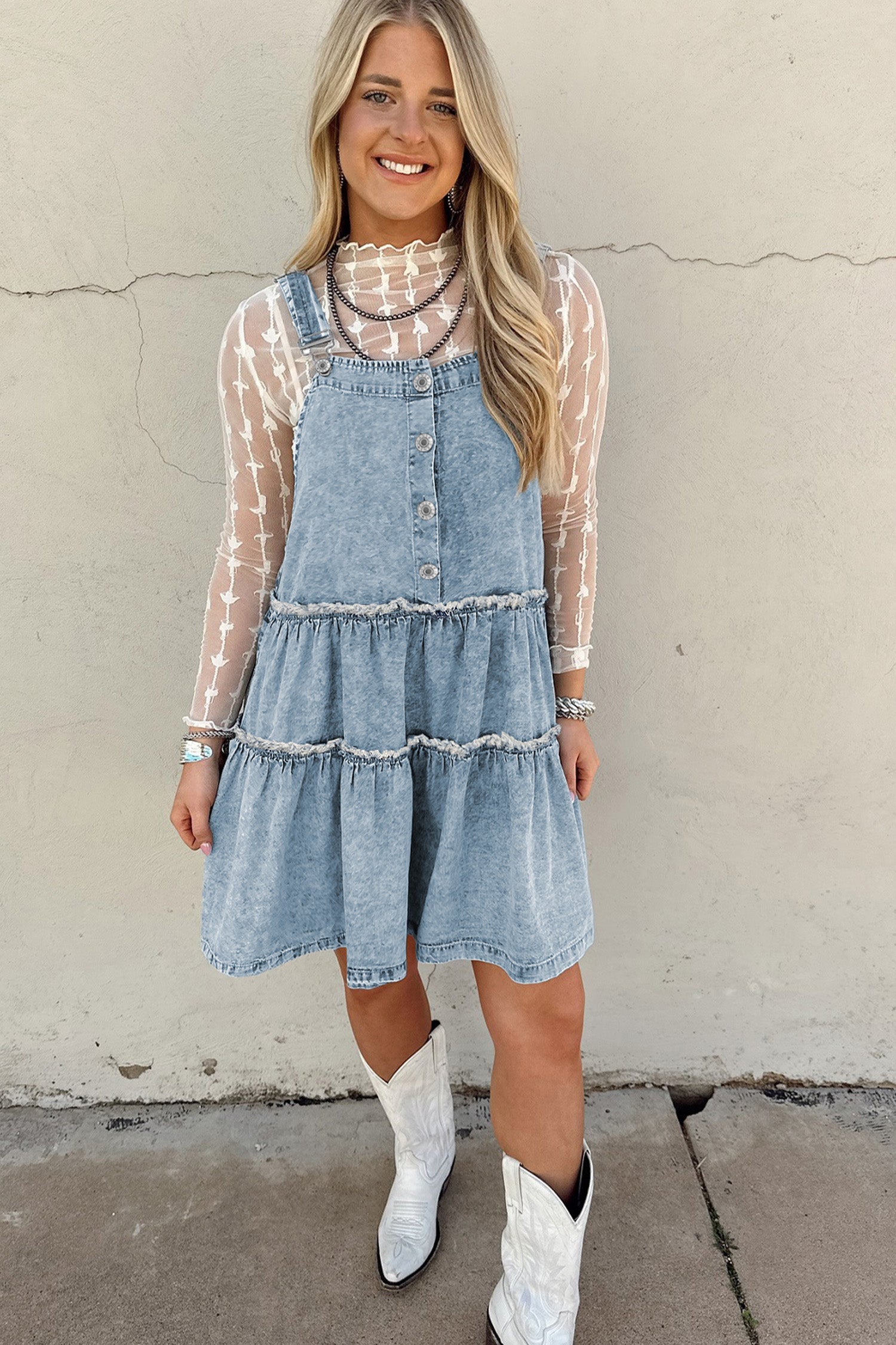 Dusk Blue Light Wash Tiered Flowy Overall Denim Dress