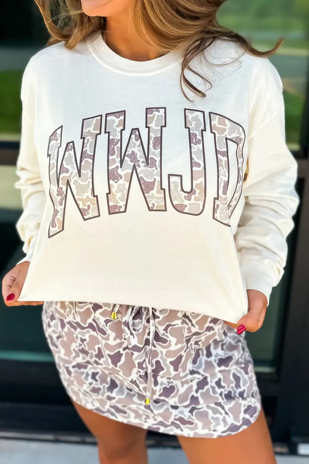 White WWJD Camo Letter Printed Long Sleeve Top